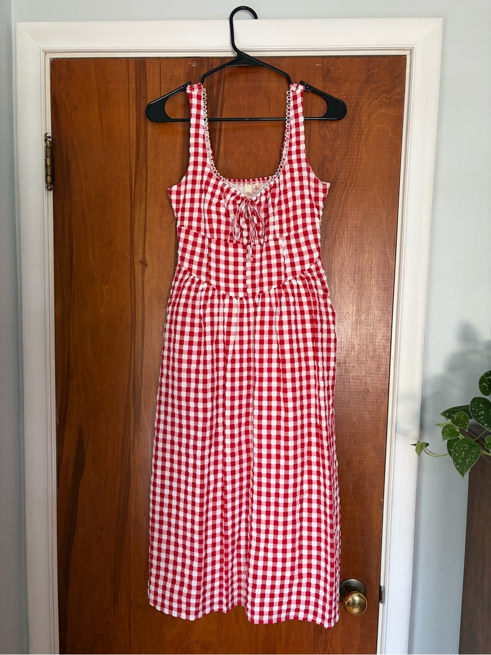 Red Gingham Midi Dress with Tie Front